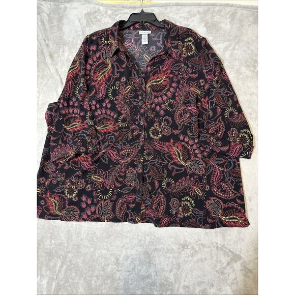 Women’s Catherines Button Up Paisley 3/4 Roll Tab Sleeves Multicolored plus 3X - Picture 1 of 13